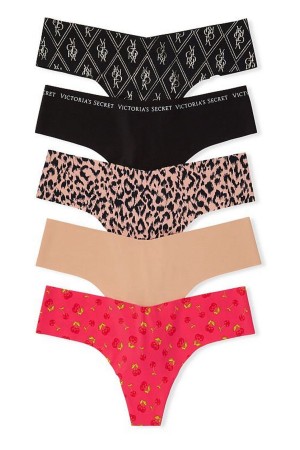 Victoria's Secret 5 Pack No Show String Knickers Black/Nude/Red Print | 78651-NVWO