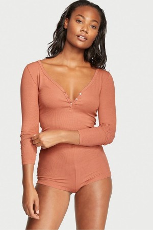 Victoria's Secret Geribbeld Modal Kort Pyjamas Lichtbruin | 67910-HNDS