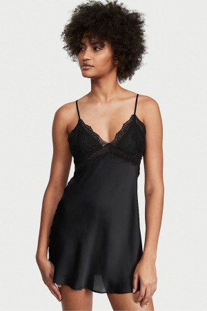 Victoria's Secret Kanten Plunge OpenBack Slip Zwart | 08259-XIPO