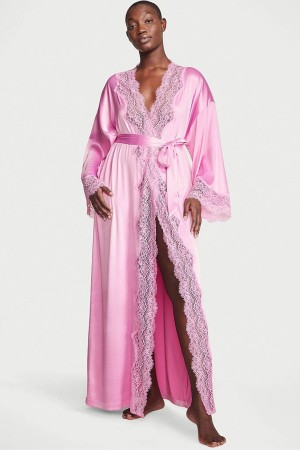 Victoria's Secret Kanten Trim Satin Long Robe Roze | 98706-NHTF