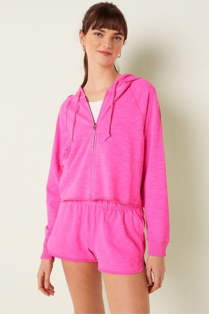 Victoria's Secret Katoenen Slub Crop Cut Off Full Zip Hoodie Roze | 53206-QAZK