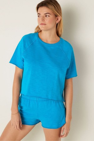 Victoria's Secret Katoenen Slub Kort Sleeve Crew Crop T-Shirt Blauw | 96703-GCOS