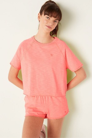 Victoria's Secret Katoenen Slub Kort Sleeve Crew Crop T-Shirt Koraal Oranje | 08642-CPIR