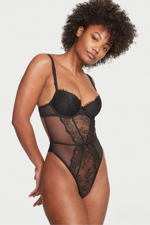 Victoria's Secret Lightly Gevoerde Demi Kanten Bodysuit Zwart | 82541-TRKA