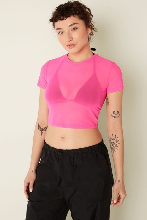 Victoria's Secret Mesh Kort Sleeve T-Shirt Roze | 39816-UOTQ