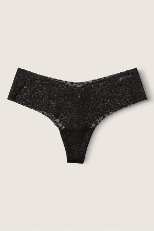 Victoria's Secret No-Show No Show String Kanten Knickers Zwart | 37051-PNWT