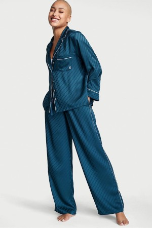 Victoria's Secret Satin Long Pyjamas Blauw | 80621-RYKH