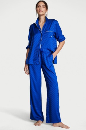 Victoria's Secret Satin Long Pyjamas Blauw | 46783-MHLE