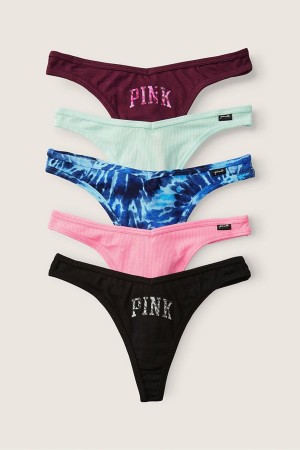 Victoria's Secret Stretch Katoenen Katoenen String Knickers 5 Pack Black/Grey/Blue/Burgundy/Pink | 50762-LOCR