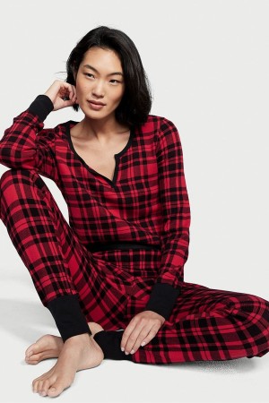 Victoria's Secret Thermal Long Sleeve Pyjamas Zwart Rood | 18529-SJQR