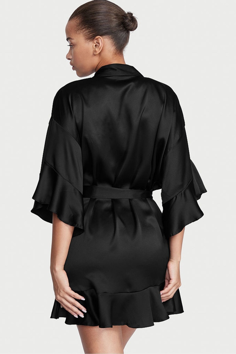 Victoria's Secret Flounce Satin Robe Zwart | 12406-MZPD