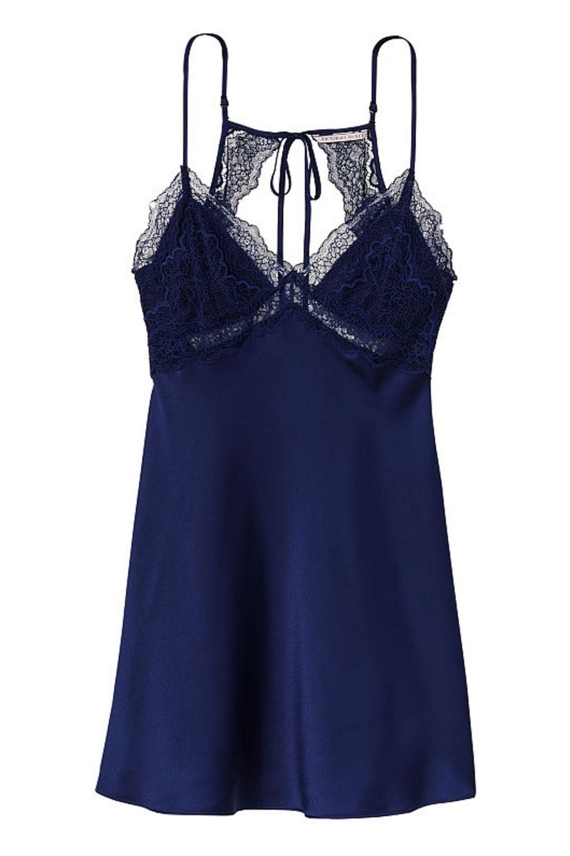 Victoria's Secret Kanten Plunge OpenBack Slip Jurken Donkerblauw Blauw | 51709-BXVM