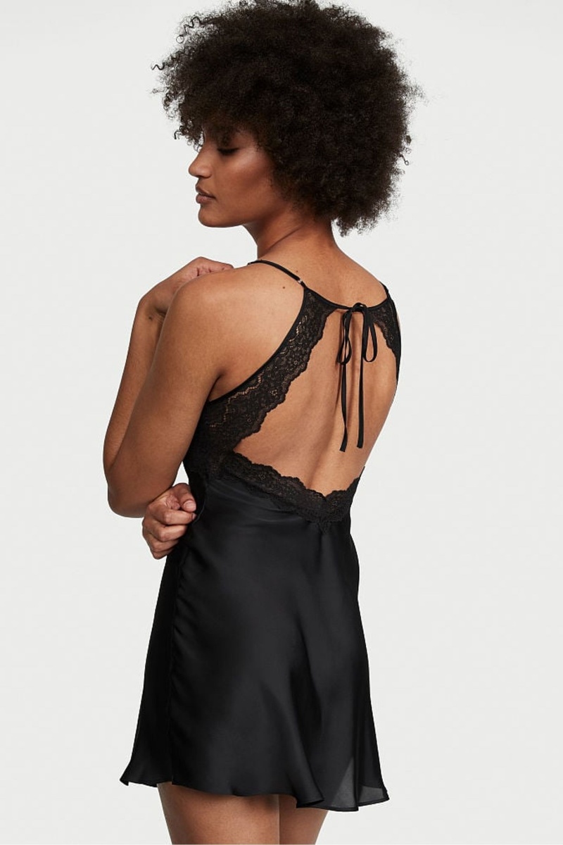 Victoria's Secret Kanten Plunge OpenBack Slip Zwart | 08259-XIPO