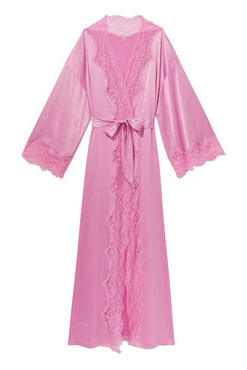 Victoria's Secret Kanten Trim Satin Long Robe Roze | 98706-NHTF