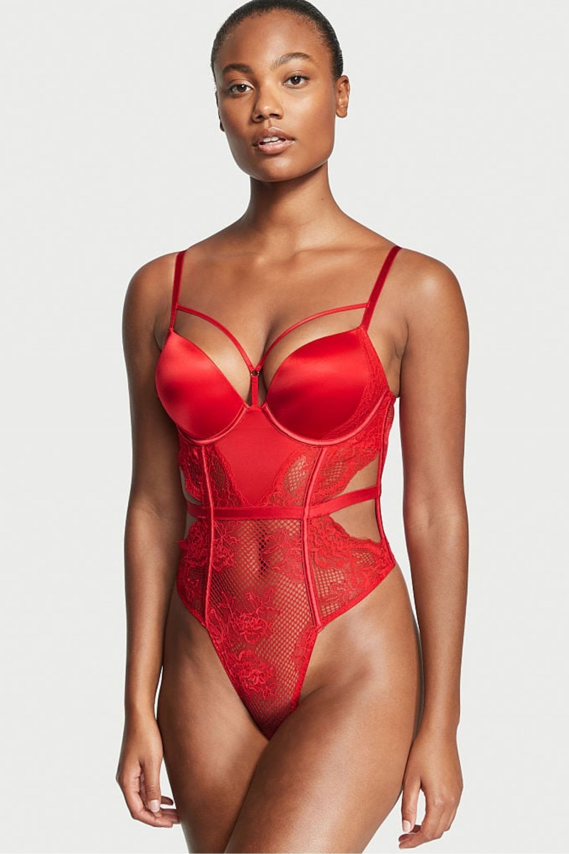 Victoria\'s Secret Luxe Lingerie Fishnet Bombshell Bodysuit Rood | 60487-KCTL