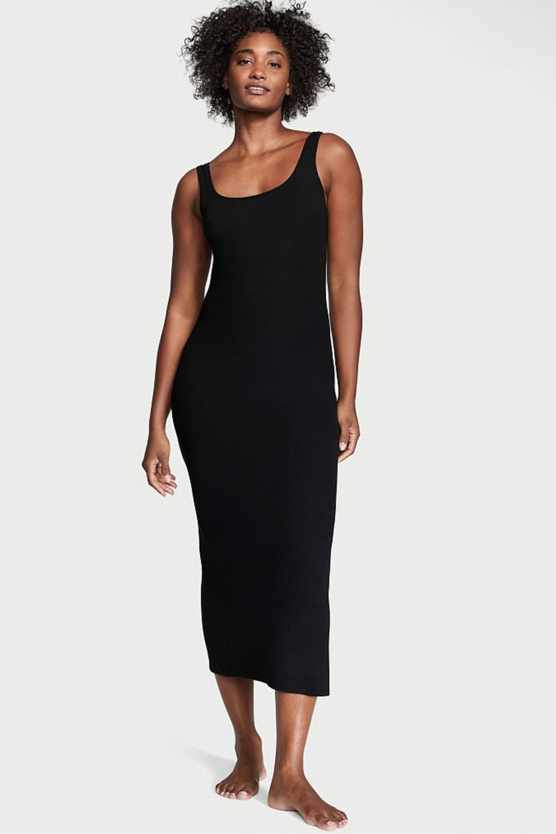 Victoria\'s Secret Modal Geribbeld Long Slip Jurken Zwart | 36974-XBNK