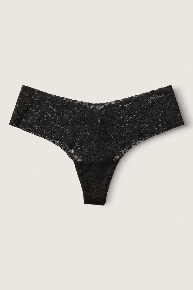 Victoria\'s Secret No-Show No Show String Kanten Knickers Zwart | 37051-PNWT