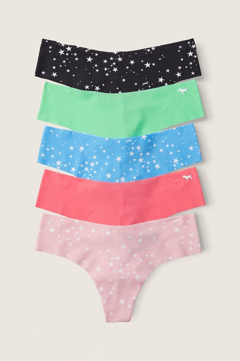 Victoria\'s Secret No-Show No Show String Knickers 5 Pack Black/Blue/Pink/Green Star | 41025-NKJO