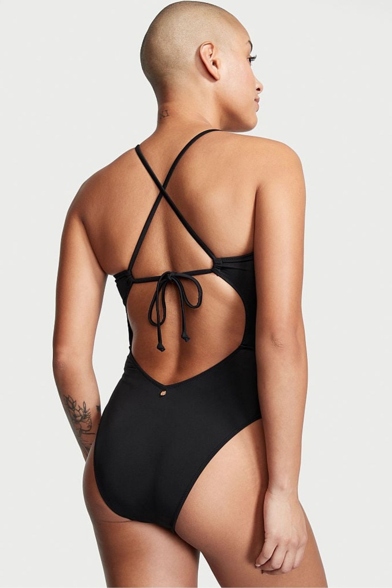 Victoria's Secret Ruched Shine Cut Out One Piece Swimsuit Zwart | 25083-QGYB