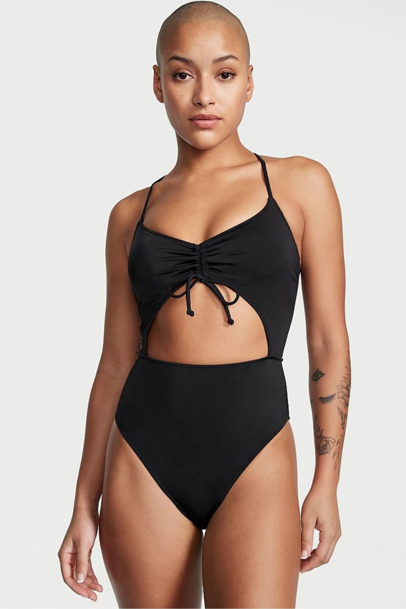 Victoria\'s Secret Ruched Shine Cut Out One Piece Swimsuit Zwart | 25083-QGYB