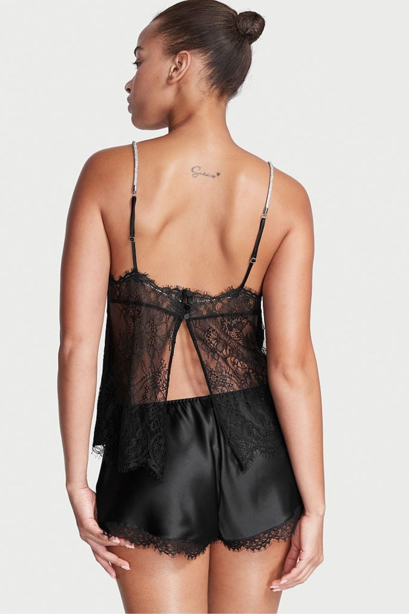 Victoria's Secret Satin Kanten Back Cami Set Zwart | 26785-HWQG