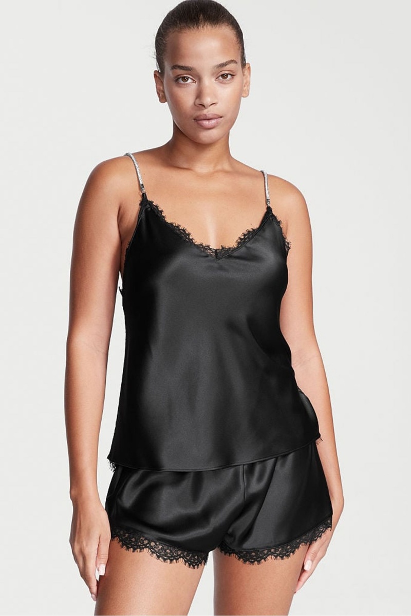 Victoria\'s Secret Satin Kanten Back Cami Set Zwart | 26785-HWQG