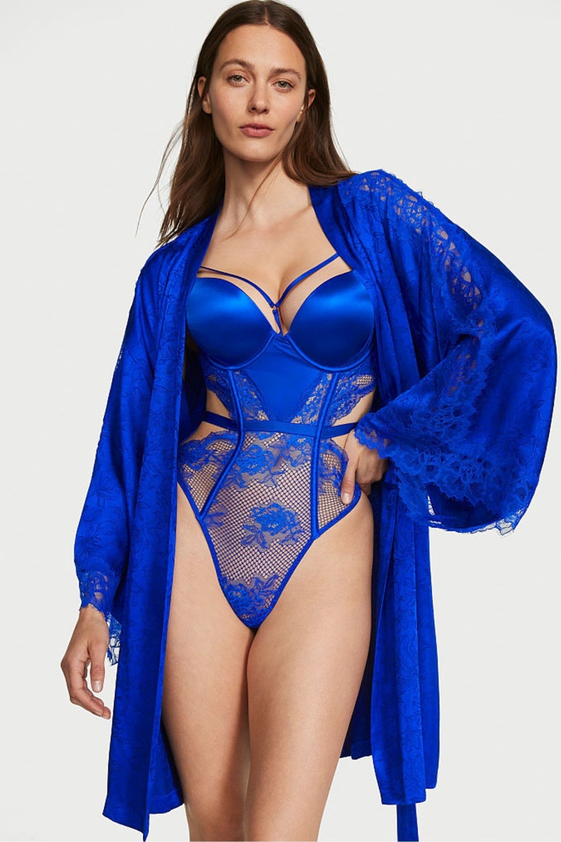 Victoria's Secret Satin Kanten Robe Blauw | 86574-ASQI