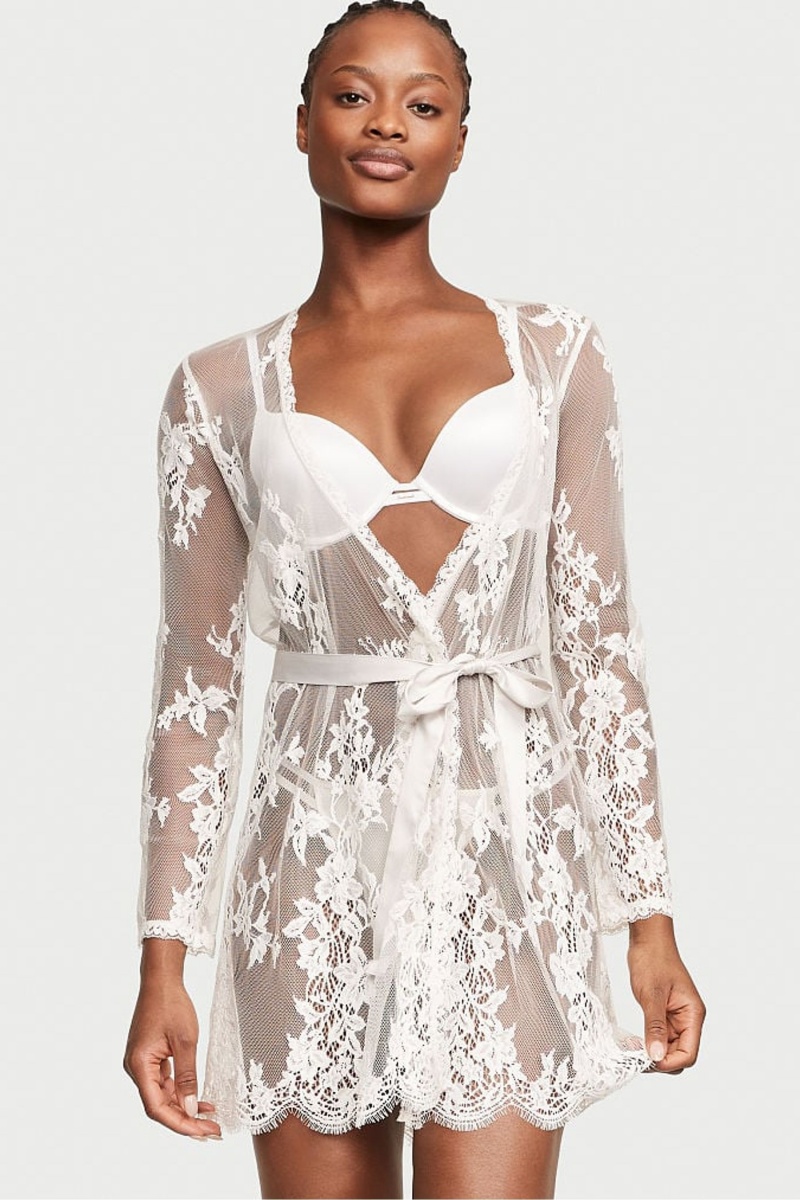 Victoria\'s Secret Sheer Kanten Robe Wit | 32687-QXYW