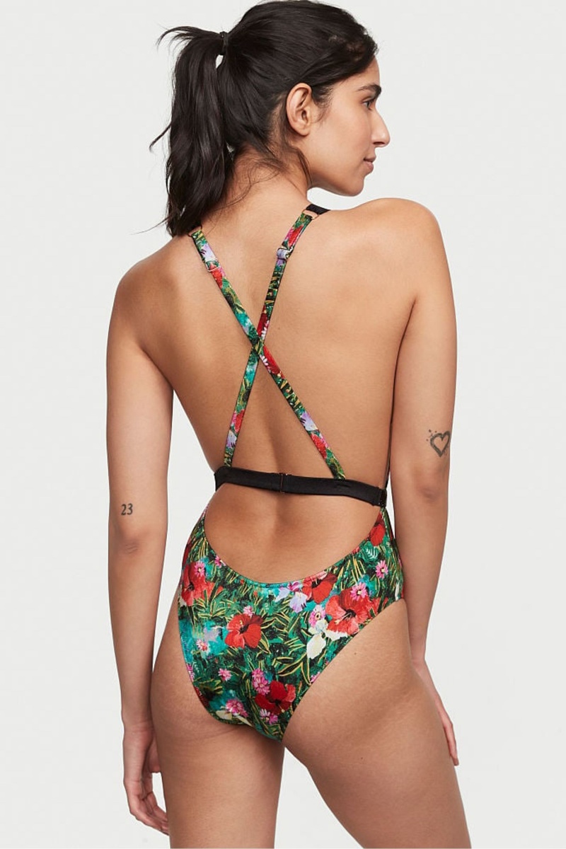 Victoria's Secret Shine Riemen Plunge One Piece Swimsuit Zwart | 84023-QOPU