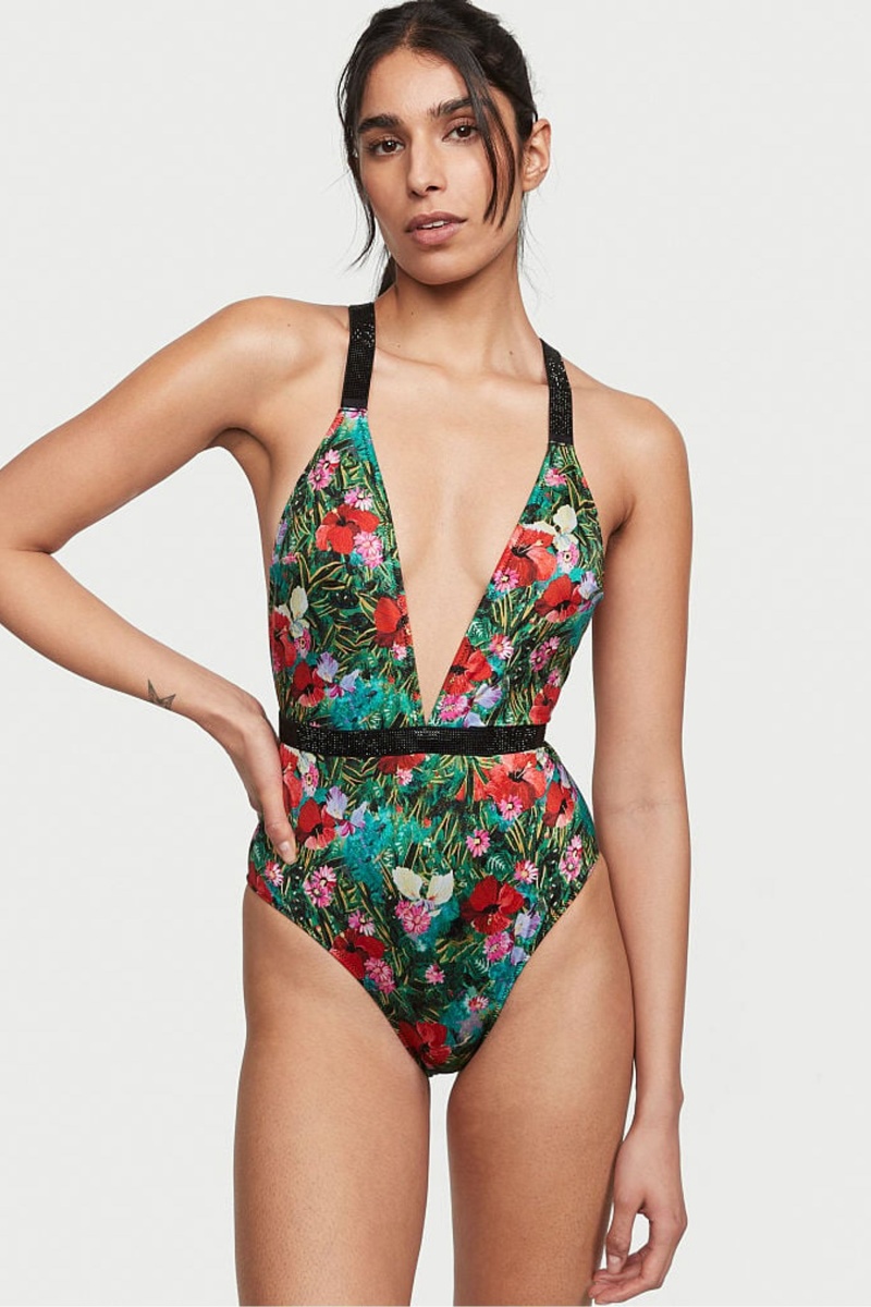 Victoria\'s Secret Shine Riemen Plunge One Piece Swimsuit Zwart | 84023-QOPU