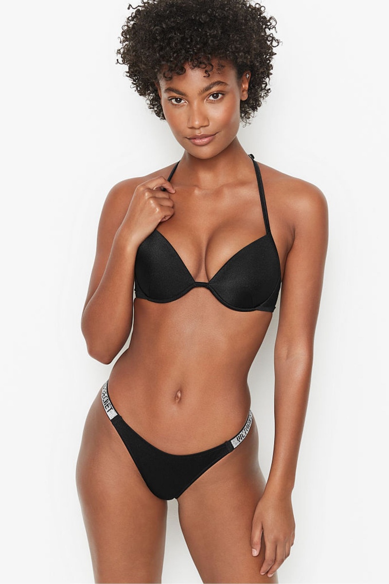 Victoria\'s Secret Shine Riemen Swim Bikini Bottom Zwart | 75302-XPEF