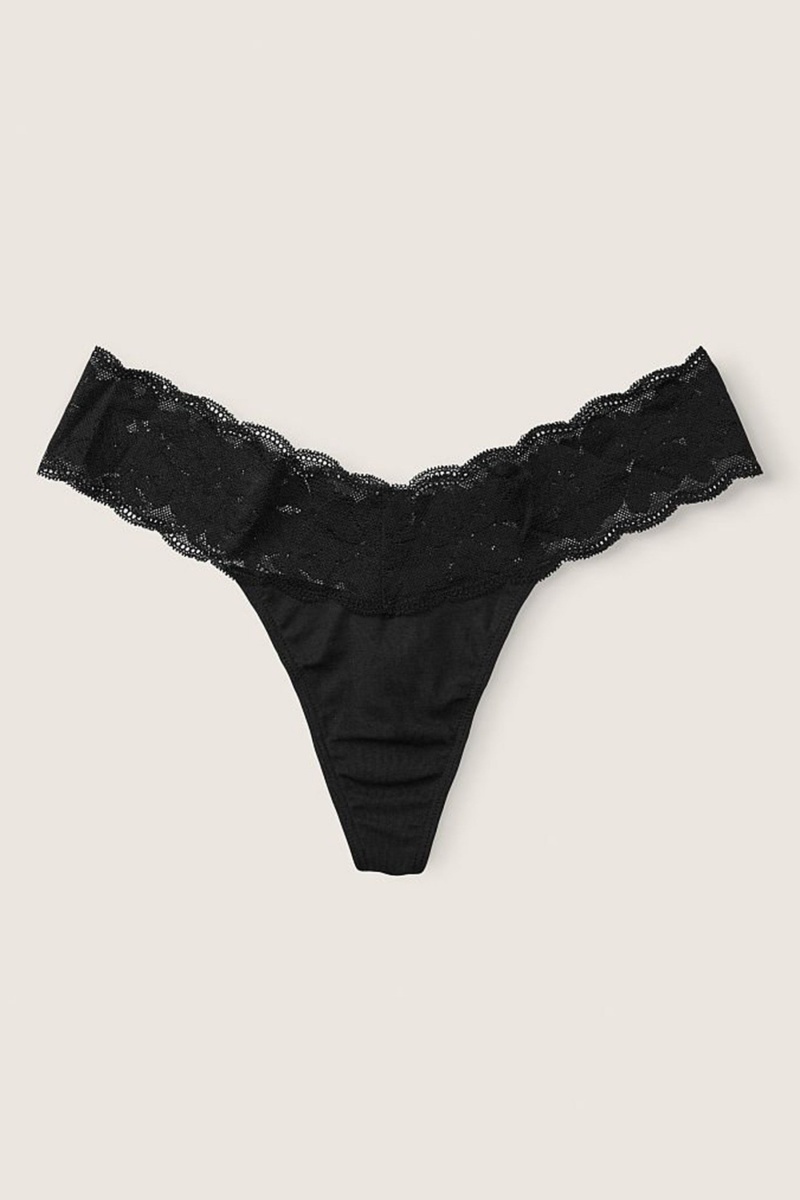 Victoria\'s Secret Stretch Katoenen Kanten Trim String Knickers Zwart | 49120-BMJO