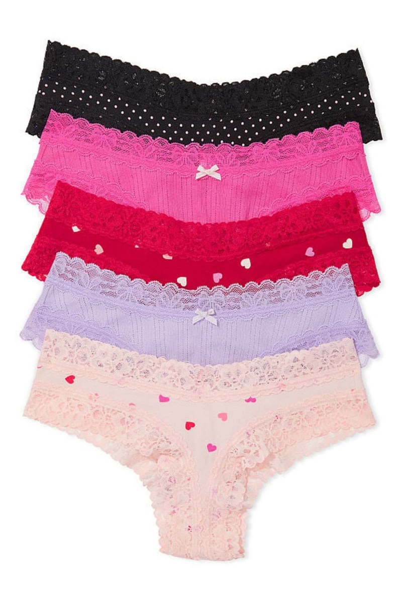 Victoria\'s Secret Stretch Katoenen Kanten Trim Cheeky Katoenen Knickers 5 Pack Black/Pink/Purple | 21054-ZAEX