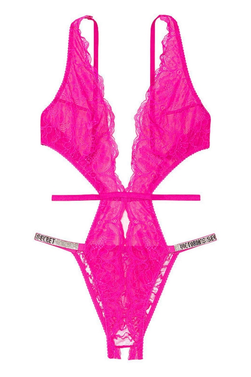 Victoria's Secret Very Sexy Shine Riemen Kanten Crotchless Bodysuit Roze | 90871-IDTA